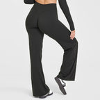 S Size Black High Waisted Flare Yoga Pants for Women - M-Shaped Peach Hip Lifting Wide-Leg Workout Trousers with Soft & Skin Feel Four Way Stretch Fabric, Breathable & Quick Dry