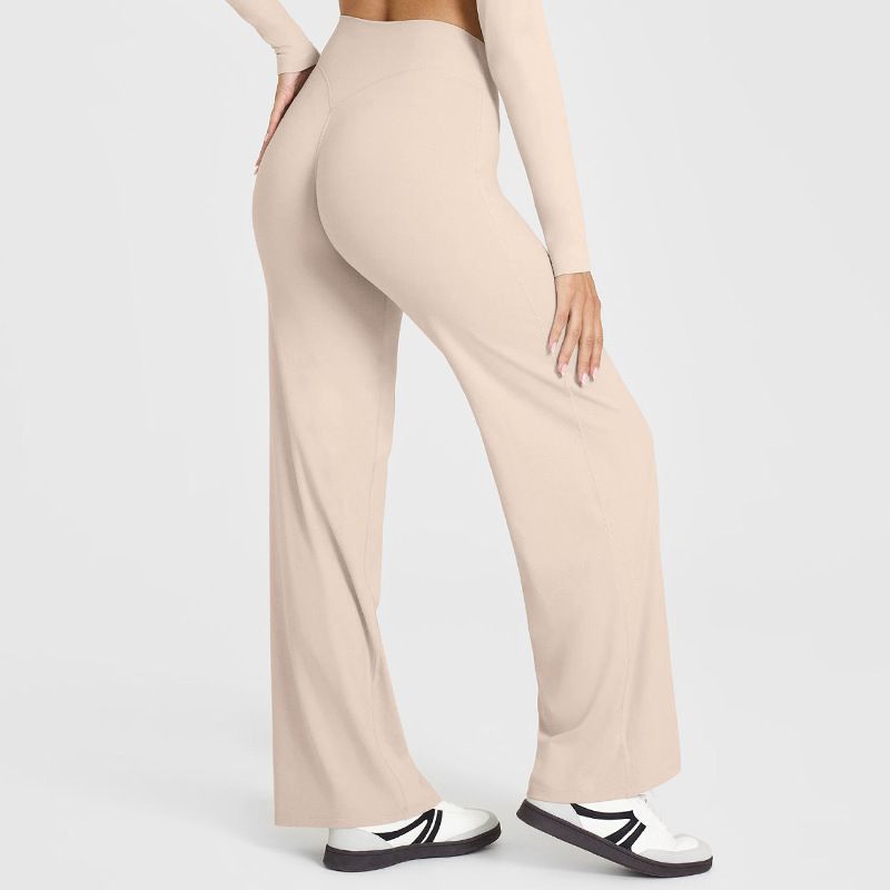 S Size Apricot High Waisted Flare Yoga Pants for Women - M-Shaped Peach Hip Lifting Wide-Leg Workout Trousers with Soft & Skin Feel Four Way Stretch Fabric, Breathable & Quick Dry