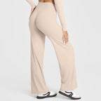 L Size Apricot High Waisted Flare Yoga Pants for Women - M-Shaped Peach Hip Lifting Wide-Leg Workout Trousers with Soft & Skin Feel Four Way Stretch Fabric, Breathable & Quick Dry