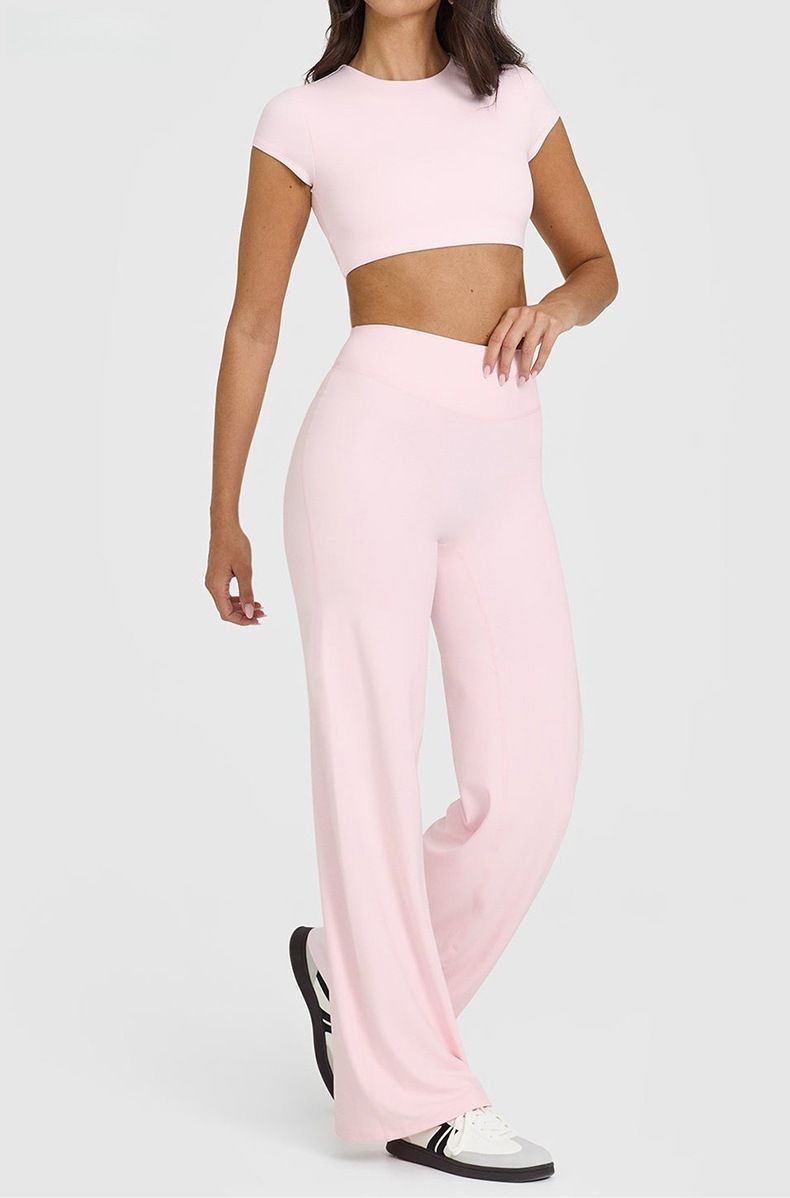 L Size Pink High Waisted Flare Yoga Pants for Women - M-Shaped Peach Hip Lifting Wide-Leg Workout Trousers with Soft & Skin Feel Four Way Stretch Fabric, Breathable & Quick Dry