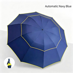 Navy Blue Compact 3-Folding Automatic Golf Umbrella, 42 Inch Large Coverage Double Canopy with 10 Steel Windproof Ribs, Waterproof Impact Cloth for Men and Women, Outdoor Sports Sun & Rain Protection