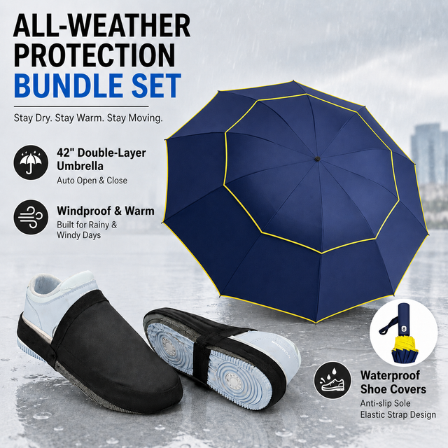 Navy Blue Compact 3-Fold Automatic Golf Umbrella (Dia 42 Inch) + Waterproof Thermal Half Shoe Covers (L Size) with Anti Slip Elastic Strap– Windproof & Stainproof Full Body Rain Protection Kit for Golf, Cycling and Outdoor Activities