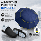 Navy Blue Compact 3-Fold Automatic Golf Umbrella (Dia 42 Inch) + Waterproof Thermal Half Shoe Covers (L Size) with Anti Slip Elastic Strap– Windproof & Stainproof Full Body Rain Protection Kit for Golf, Cycling and Outdoor Activities