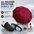 Wine Red Compact 3-Fold Automatic Golf Umbrella (Dia 42 Inch) + Waterproof Thermal Half Shoe Covers (M Size) with Anti Slip Elastic Strap– Windproof & Stainproof Full Body Rain Protection Kit for Golf, Cycling and Outdoor Activities