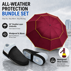 Wine Red Compact 3-Fold Automatic Golf Umbrella (Dia 42 Inch) + Waterproof Thermal Half Shoe Covers (M Size) with Anti Slip Elastic Strap– Windproof & Stainproof Full Body Rain Protection Kit for Golf, Cycling and Outdoor Activities