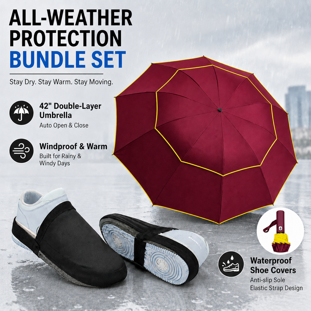 Wine Red Compact 3-Fold Automatic Golf Umbrella (Dia 42 Inch) + Waterproof Thermal Half Shoe Covers (M Size) with Anti Slip Elastic Strap– Windproof & Stainproof Full Body Rain Protection Kit for Golf, Cycling and Outdoor Activities