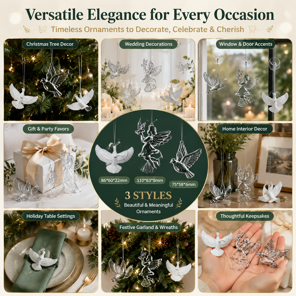 White Dove Christmas Ornament Set (4 Piece / 2 Gift Box) – Elegant Peace Dove Hanging Pendant with Gift Boxes & Silver Strings, Wedding Party Window Display Decor and Holiday Tree Accessories