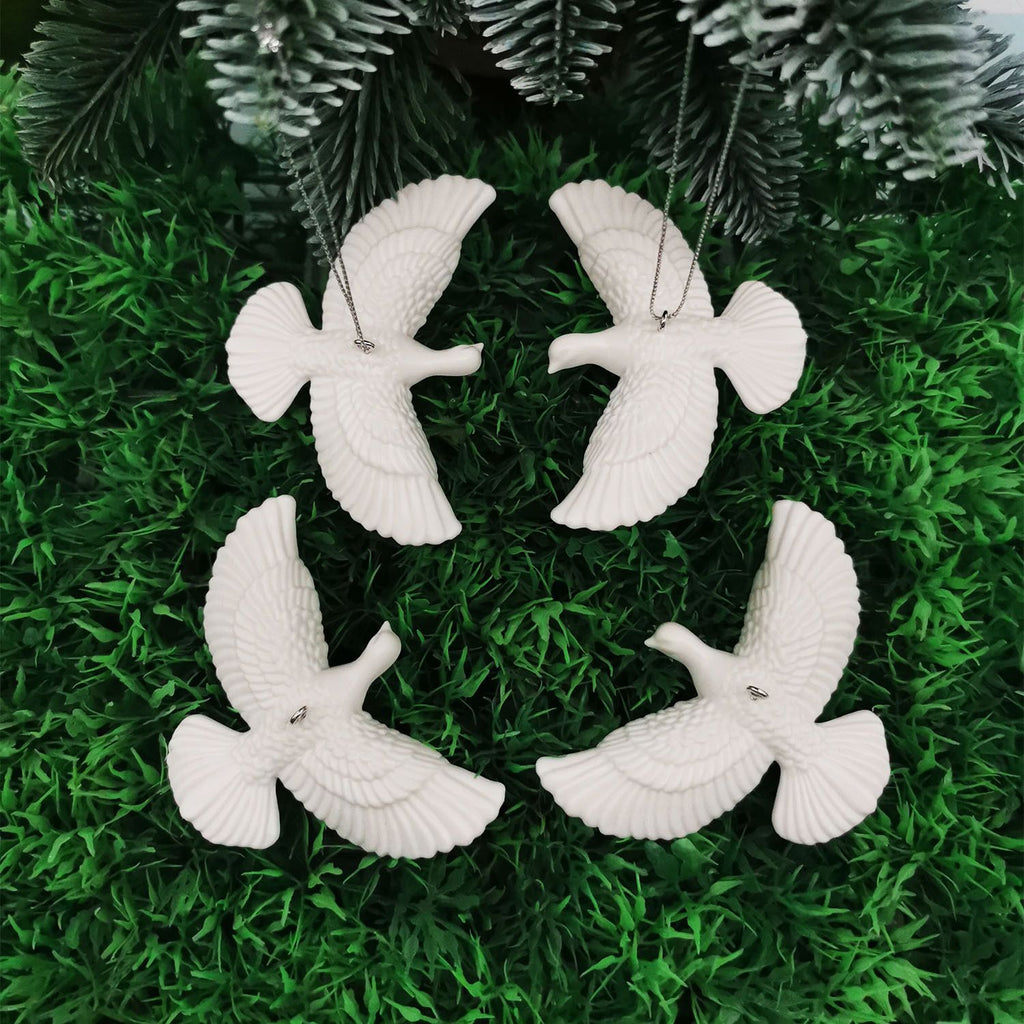 White Dove Christmas Ornament Set (4 Piece / 2 Gift Box) – Elegant Peace Dove Hanging Pendant with Gift Boxes & Silver Strings, Wedding Party Window Display Decor and Holiday Tree Accessories