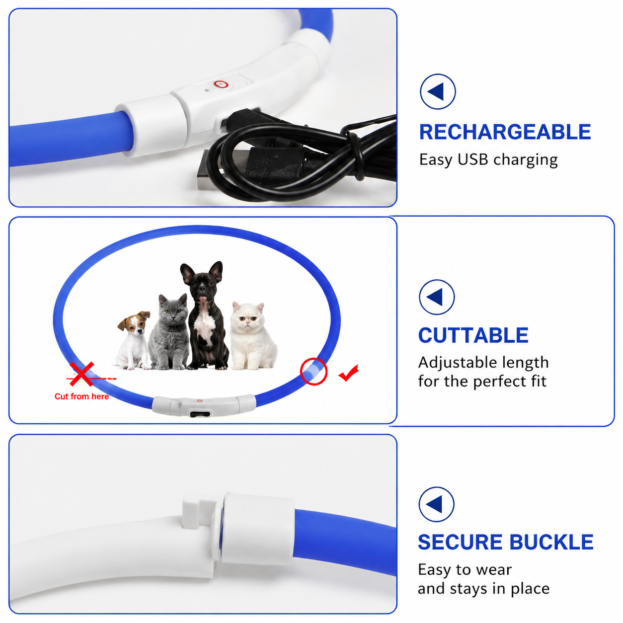3PCS Blue USB Rechargeable LED Pet Collar Set – 70cm Cuttable Silicone Glow Dog Collar with 12 LED Beads, 3 Flash Modes and Secure Buckle Design, Night Safety Glow Necklace for Dogs and Cats Walking