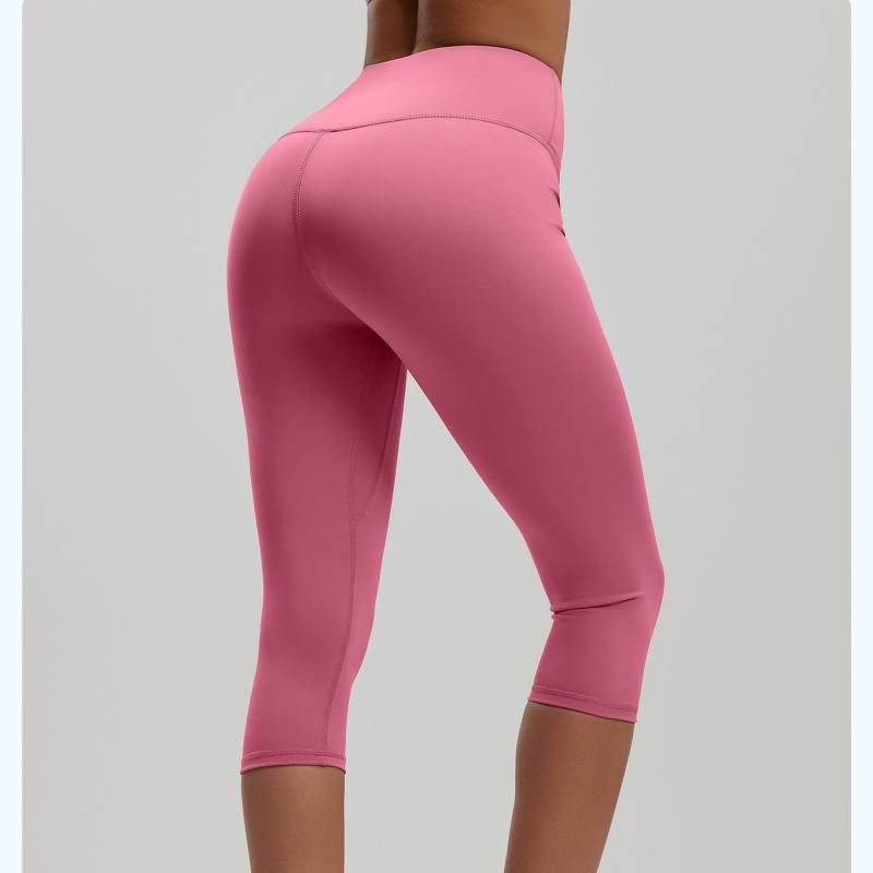 Pink XL Size Women's High Waist 3/4 Yoga Leggings - Peach Hip Lift Design, Breathable Stretch Fabric for Gym Running and Daily Wear