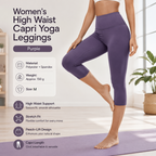 Purple M Size Women's High Waist 3/4 Yoga Leggings - Peach Hip Lift Design, Breathable Stretch Fabric for Gym Running and Daily Wear