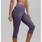 Purple XXL Size Women's High Waist 3/4 Yoga Leggings - Peach Hip Lift Design, Breathable Stretch Fabric for Gym Running and Daily Wear