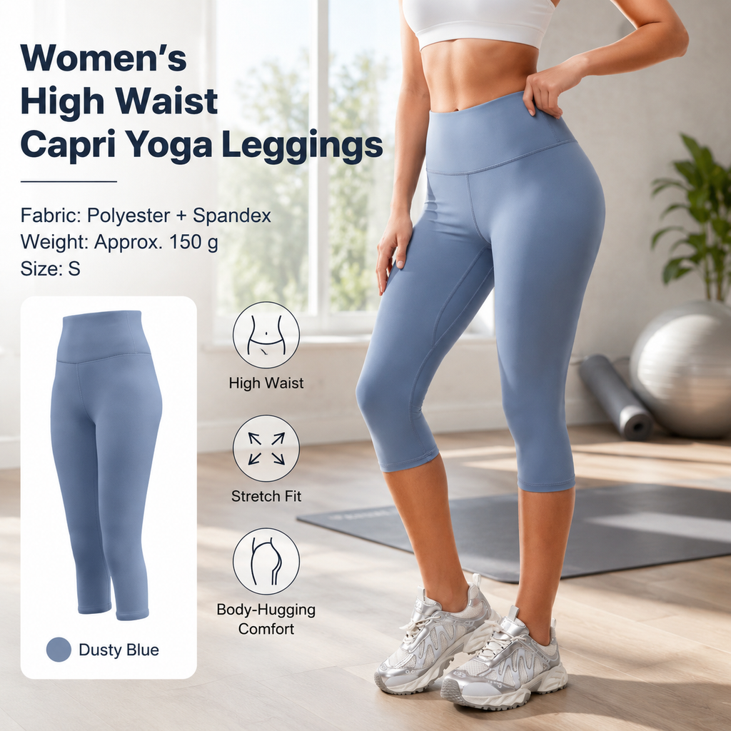 Dusty Blue S Size Women's High Waist 3/4 Yoga Leggings - Peach Hip Lift Design, Breathable Stretch Fabric for Gym Running and Daily Wear