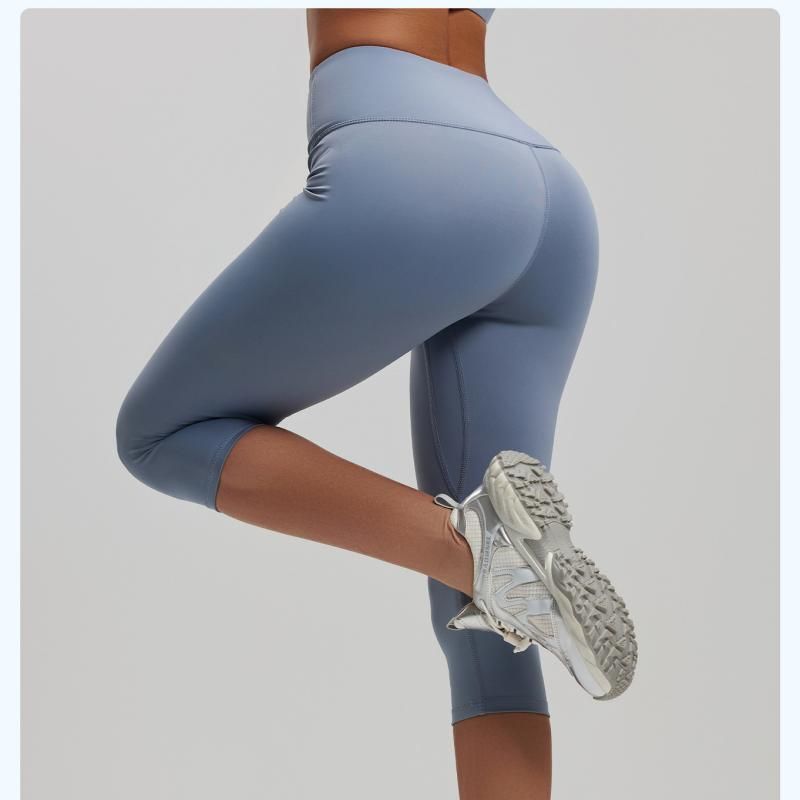 Dusty Blue L Size Women's High Waist 3/4 Yoga Leggings - Peach Hip Lift Design, Breathable Stretch Fabric for Gym Running and Daily Wear