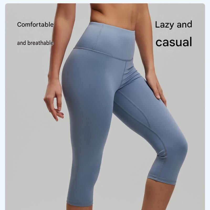 Dusty Blue XL Size Women's High Waist 3/4 Yoga Leggings - Peach Hip Lift Design, Breathable Stretch Fabric for Gym Running and Daily Wear