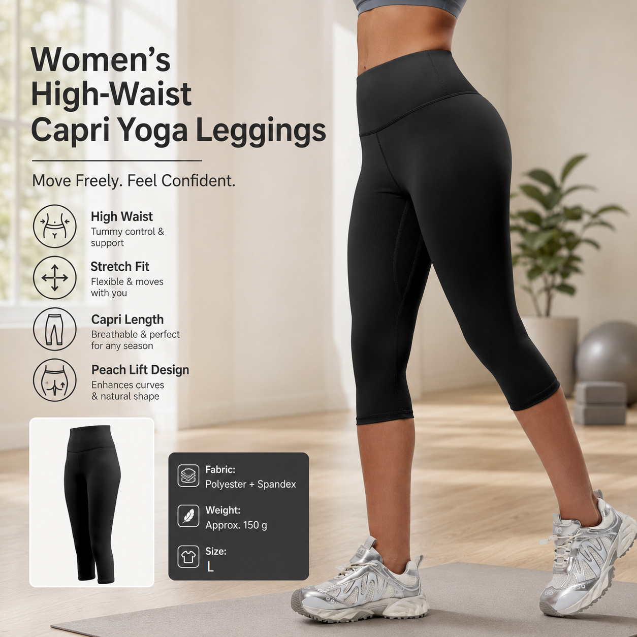 Black L Size Women's High Waist 3/4 Yoga Leggings - Peach Hip Lift Design, Breathable Stretch Fabric for Gym Running and Daily Wear