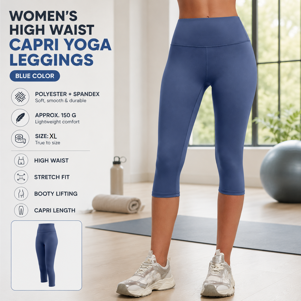 Blue XL Size Women's High Waist 3/4 Yoga Leggings - Peach Hip Lift Design, Breathable Stretch Fabric for Gym Running and Daily Wear
