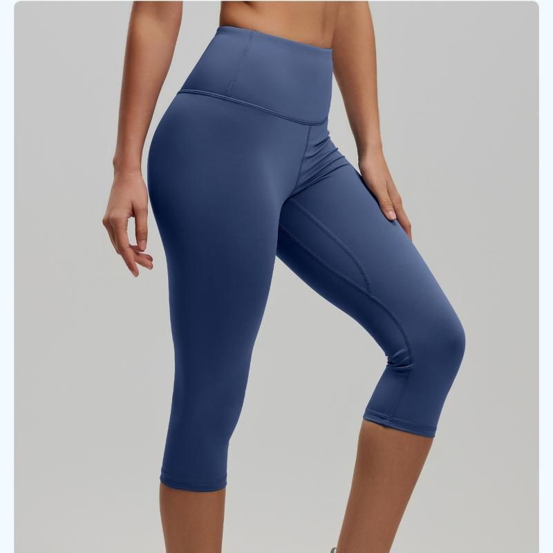 Blue XL Size Women's High Waist 3/4 Yoga Leggings - Peach Hip Lift Design, Breathable Stretch Fabric for Gym Running and Daily Wear