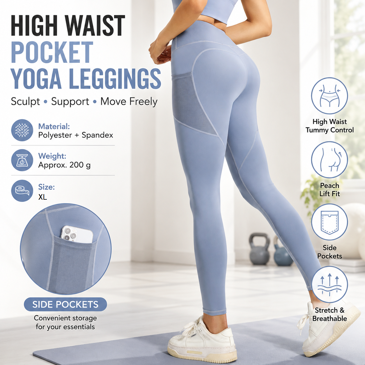 Blue XL Size Women's High Waist Yoga Leggings with Mesh Side Pockets - Squat Proof, Peach Hip Lift, Breathable Stretch Fabric for Gym Running 、Pilates Wea and Daily Wear