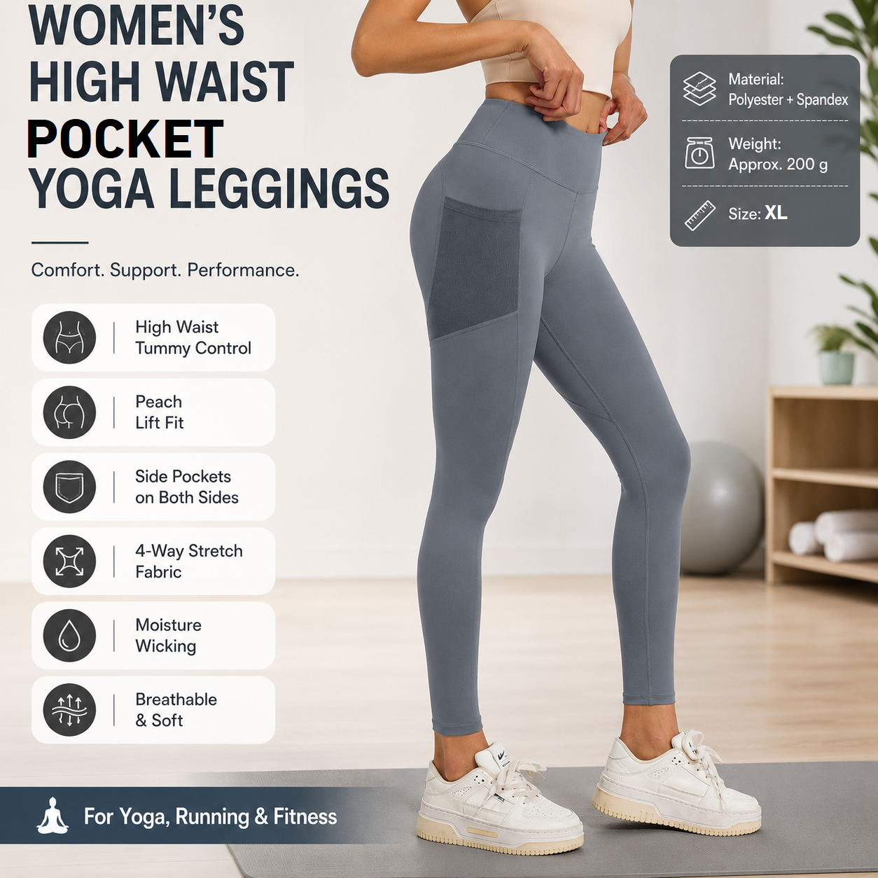 Grey XL Size Women's High Waist Yoga Leggings with Mesh Side Pockets - Squat Proof, Peach Hip Lift, Breathable Stretch Fabric for Gym Running 、Pilates Wea and Daily Wear