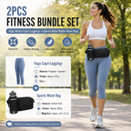 Winter Fitness Bundle - Blue L size Women's High Waist 3/4 Yoga Leggings with Peach Hip Lift and Black Waterproof Sports Waist Bag with Bottle Holder for Running Gym and Outdoor Activities