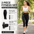 Winter Fitness Bundle - Black L size Women's High Waist 3/4 Yoga Leggings with Peach Hip Lift and Black Waterproof Sports Waist Bag with Bottle Holder for Running Gym and Outdoor Activities