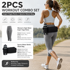 Winter Fitness Bundle - Grey M size Women's High Waist 3/4 Yoga Leggings with Peach Hip Lift and Black Waterproof Sports Waist Bag with Bottle Holder for Running Gym and Outdoor Activities