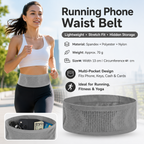 Grey M Size Running Waist Belt - High Stretch Spandex Nylon Blend, 360-Degree Storage Pocket, Breathable Mesh Design for Running and Gym Use