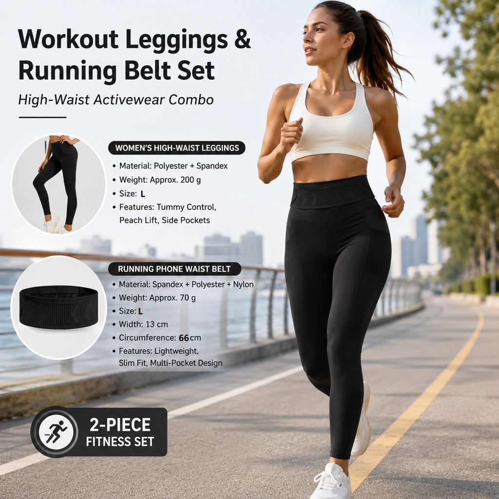 Comfortable Outdoor Sports Set-Black L Size Running Waist Belt and Black L Size High-Waisted Yoga Leggings  - Breathable Spandex Blend, Side Pockets for Phone and Keys, Lightweight Fitness Gear for Running and Gym