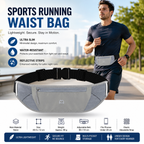Grey Running Waist Pack—Made of waterproof nylon with an adjustable strap (fits waist sizes 60–110 cm); features a three-pocket design to store a phone and keys, includes reflective strips for safety during night runs, and is suitable for running, mountai