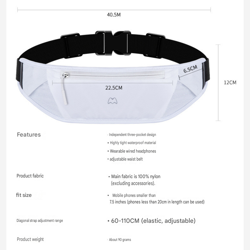 Grey Running Waist Pack—Made of waterproof nylon with an adjustable strap (fits waist sizes 60–110 cm); features a three-pocket design to store a phone and keys, includes reflective strips for safety during night runs, and is suitable for running, mountai