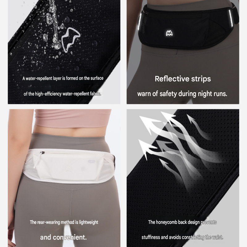 Grey Running Waist Pack—Made of waterproof nylon with an adjustable strap (fits waist sizes 60–110 cm); features a three-pocket design to store a phone and keys, includes reflective strips for safety during night runs, and is suitable for running, mountai