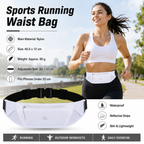 White Running Waist Pack—Made of waterproof nylon with an adjustable strap (fits waist sizes 60–110 cm); features a three-pocket design to store a phone and keys, includes reflective strips for safety during night runs, and is suitable for running, mounta