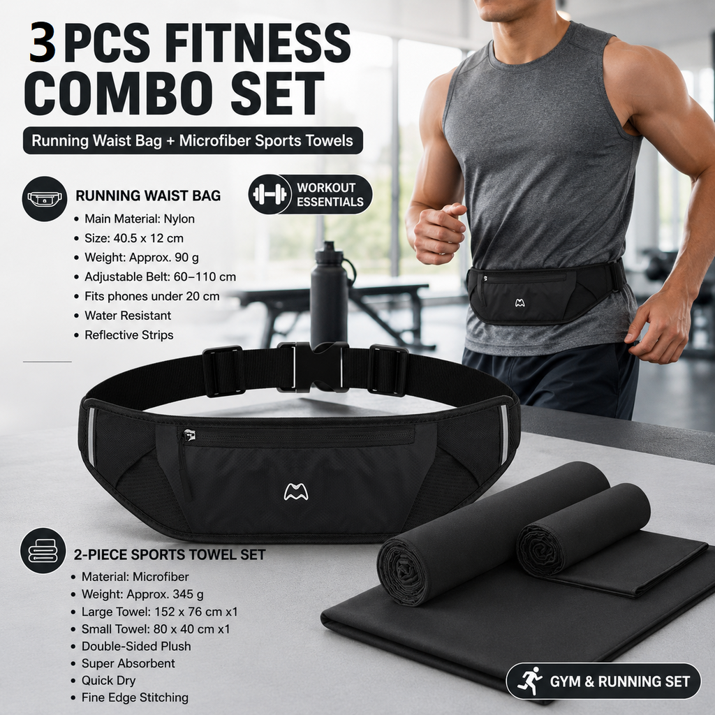 Dry and Breathable Sports combination-Black Running Waist Belt and Black 152*76cm and 80*40cm Microfiber Sports Towel Set - Waterproof Nylon Belt with Reflective Strips, Quick Dry Gym Towels for Fitness Running Swimming