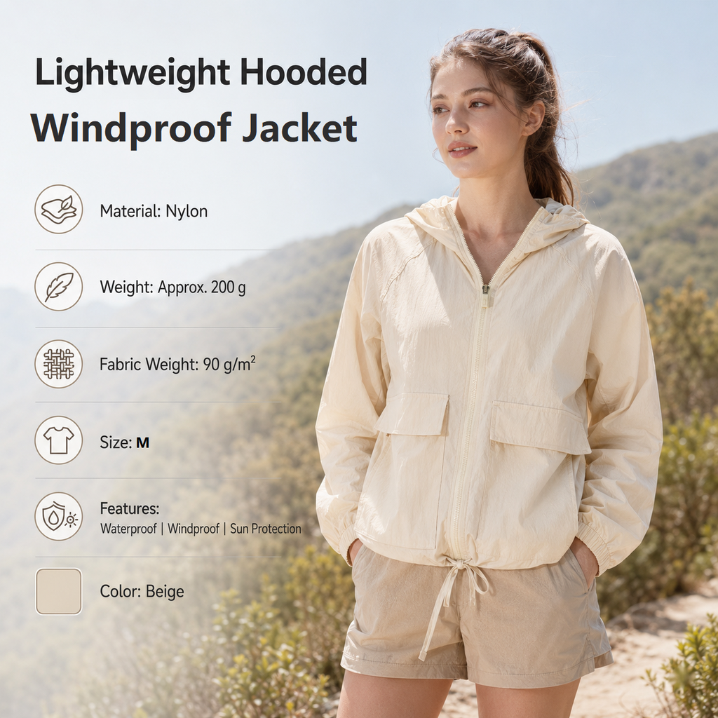 Beige M Size Women's Lightweight Hooded Windbreaker Jacket - Nylon, Waterproof, Windproof, Sun Protection, Loose Fit for Hiking, Running, Yoga and Outdoor Activities