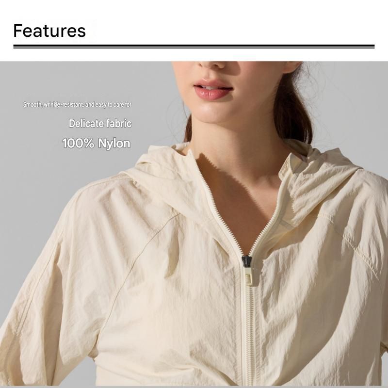 Khaki S Size Women's Lightweight Hooded Windbreaker Jacket - Nylon, Waterproof, Windproof, Sun Protection, Loose Fit for Hiking, Running, Yoga and Outdoor Activities