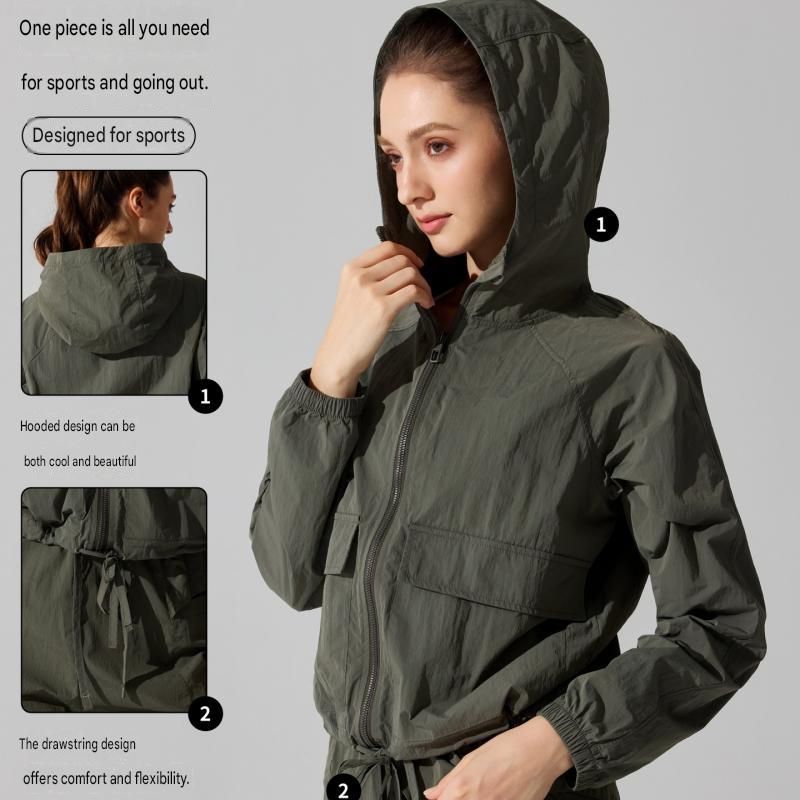 Green XL Size Women's Lightweight Hooded Windbreaker Jacket - Nylon, Waterproof, Windproof, Sun Protection, Loose Fit for Hiking, Running, Yoga and Outdoor Activities