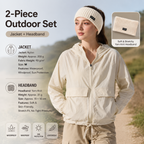 Women's Lightweight Outdoor Windproof and warm set - Beige M Size Waterproof Windproof  Sun Protection Hooded Raincoat and Beige Knitted Warm Headband Set for Hiking Travel Daily Wear