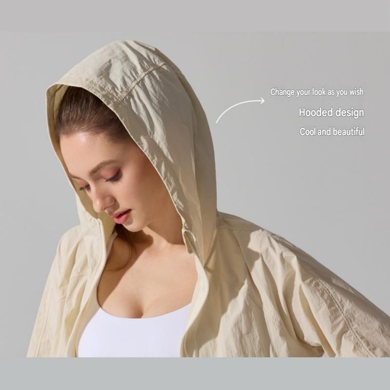 Women's Lightweight Outdoor Windproof and warm set - Beige M Size Waterproof Windproof  Sun Protection Hooded Raincoat and Beige Knitted Warm Headband Set for Hiking Travel Daily Wear