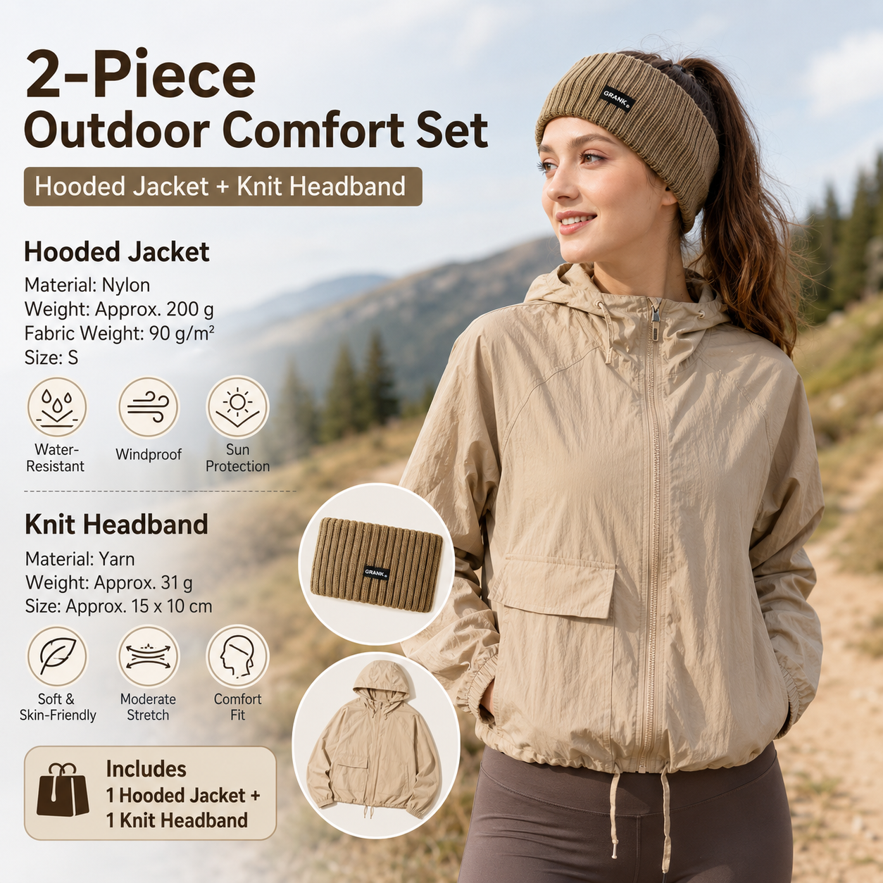 Women's Lightweight Outdoor Windproof and warm set - Khaki S Size Waterproof Windproof  Sun Protection Hooded Raincoat and Khaki Knitted Warm Headband Set for Hiking Travel Daily Wear
