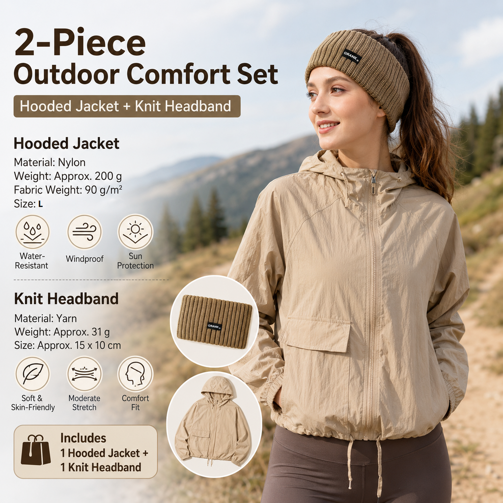 Women's Lightweight Outdoor Windproof and warm set - Khaki L Size Waterproof Windproof  Sun Protection Hooded Raincoat and Khaki Knitted Warm Headband Set for Hiking Travel Daily Wear
