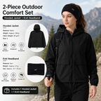 Women's Lightweight Outdoor Windproof and warm set - Black S Size Waterproof Windproof  Sun Protection Hooded Raincoat and Black Knitted Warm Headband Set for Hiking Travel Daily Wear