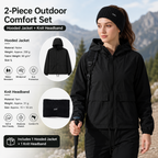 Women's Lightweight Outdoor Windproof and warm set - Black L Size Waterproof Windproof  Sun Protection Hooded Raincoat and Black Knitted Warm Headband Set for Hiking Travel Daily Wear