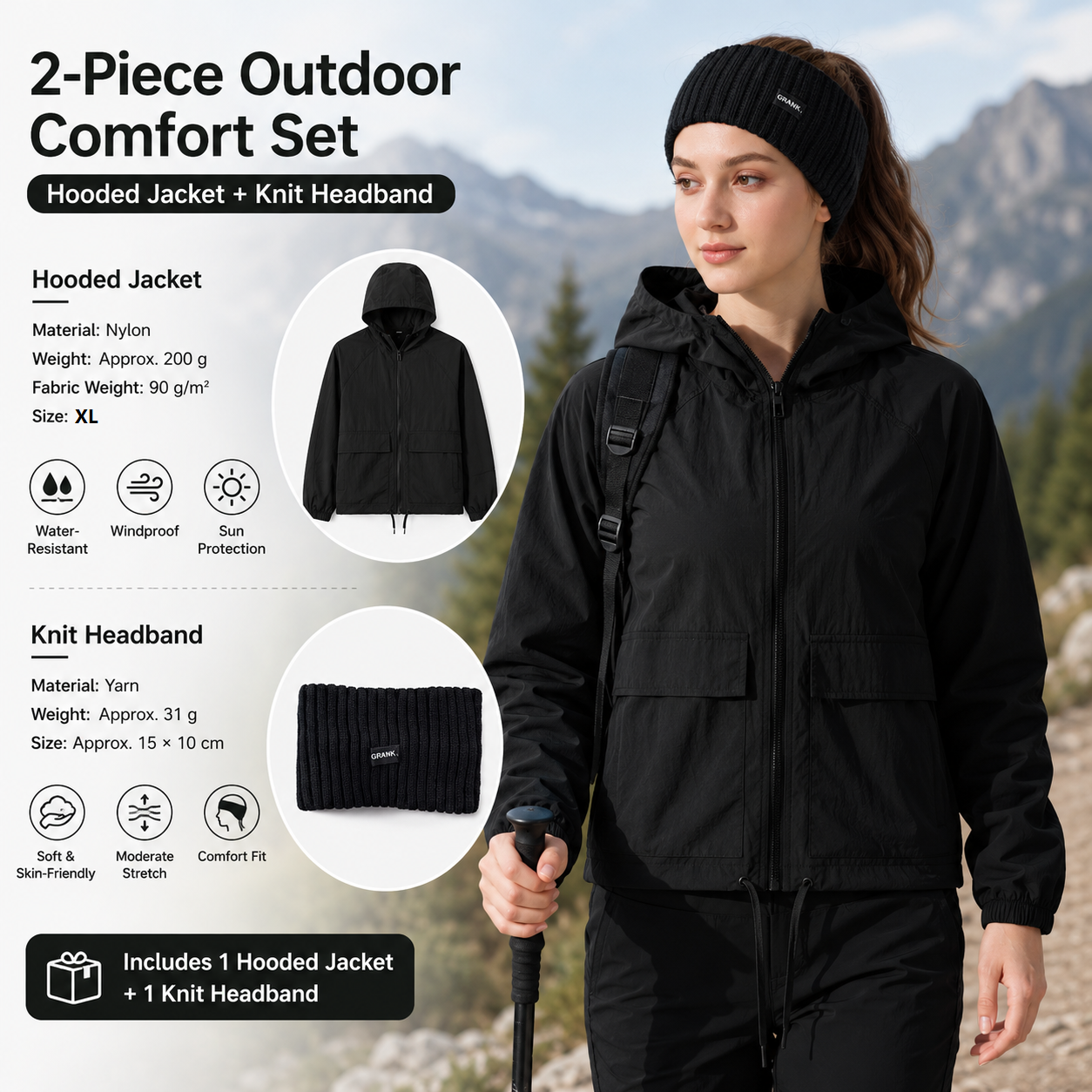 Women's Lightweight Outdoor Windproof and warm set - Black XL Size Waterproof Windproof  Sun Protection Hooded Raincoat and Black Knitted Warm Headband Set for Hiking Travel Daily Wear