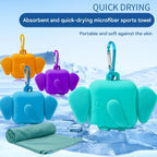 Blue Portable Quick Dry Towel with  Elephant Storage Box  - Microfiber Cooling Sports Sweat Towel with Silicone Case  for Gym Swimming Travel