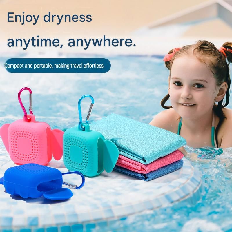 Grey Portable Quick Dry Towel with  Elephant Storage Box  - Microfiber Cooling Sports Sweat Towel with Silicone Case  for Gym Swimming Travel