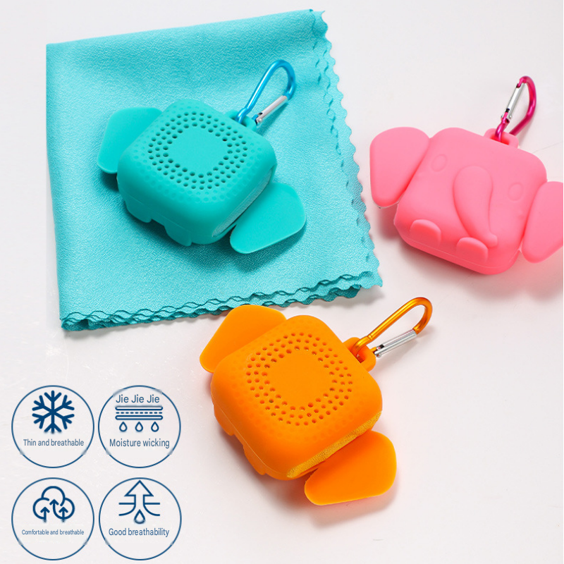 Grey Portable Quick Dry Towel with  Elephant Storage Box  - Microfiber Cooling Sports Sweat Towel with Silicone Case  for Gym Swimming Travel