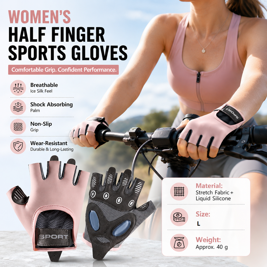 Pink L size Women's Half-Finger Fitness Gloves - Liquid Silicone Shock Absorption, Ice Silk Breathable Fabric, Non-Slip Grip for Gym Yoga Cycling Weight Training