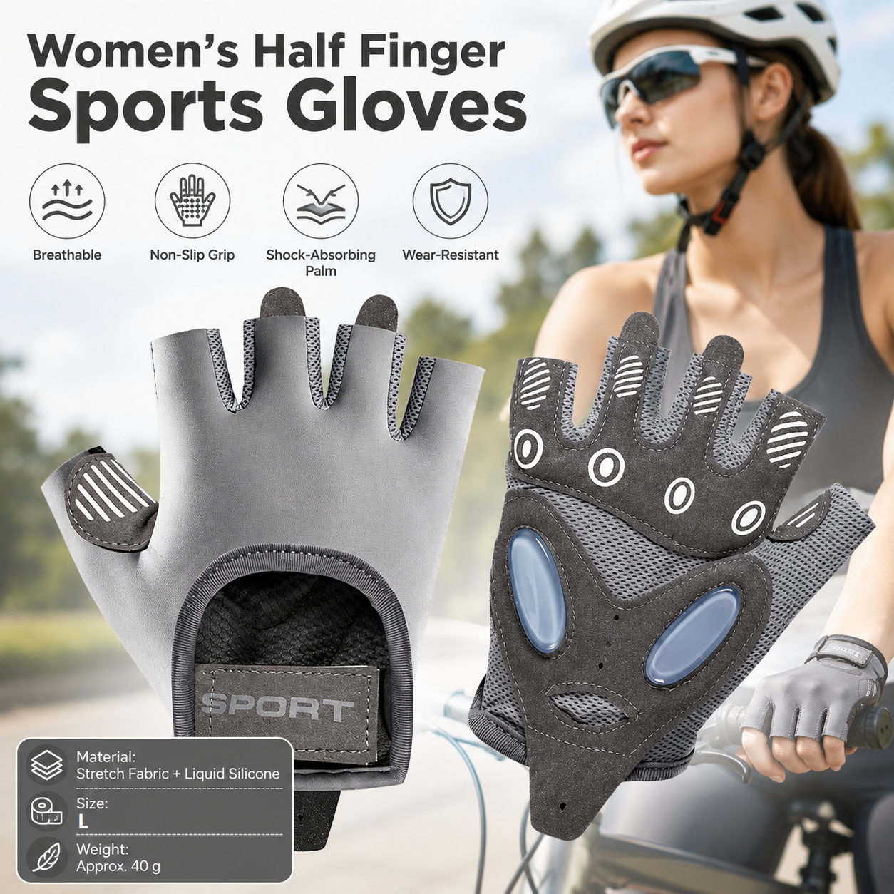 Grey L size Women's Half-Finger Fitness Gloves - Liquid Silicone Shock Absorption, Ice Silk Breathable Fabric, Non-Slip Grip for Gym Yoga Cycling Weight Training