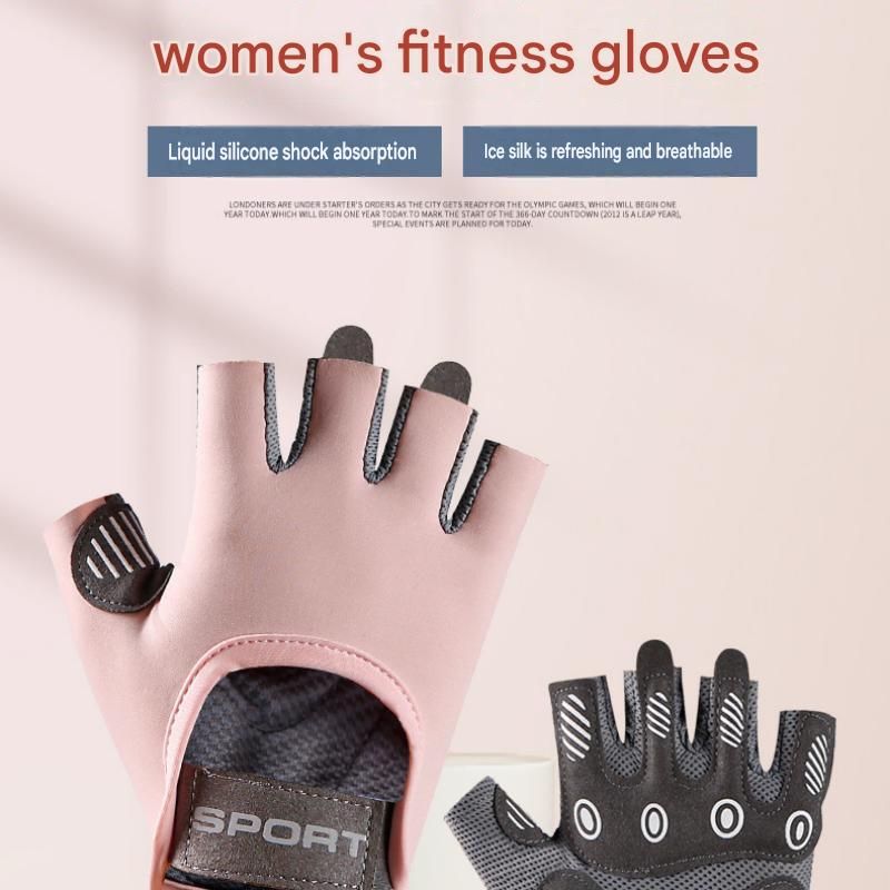 Grey L size Women's Half-Finger Fitness Gloves - Liquid Silicone Shock Absorption, Ice Silk Breathable Fabric, Non-Slip Grip for Gym Yoga Cycling Weight Training
